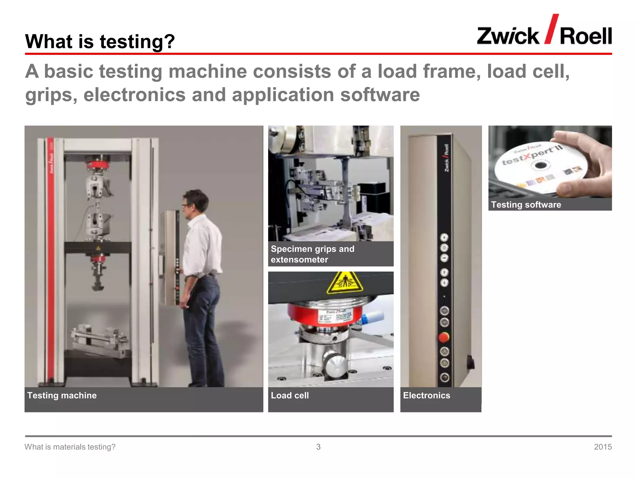 3
What is testing?
A basic testing machine consists of a load frame, load cell,
grips, electronics and application software
2015What is materials testing?
Testing software
Specimen grips and
extensometer
Load cellTesting machine Electronics
 