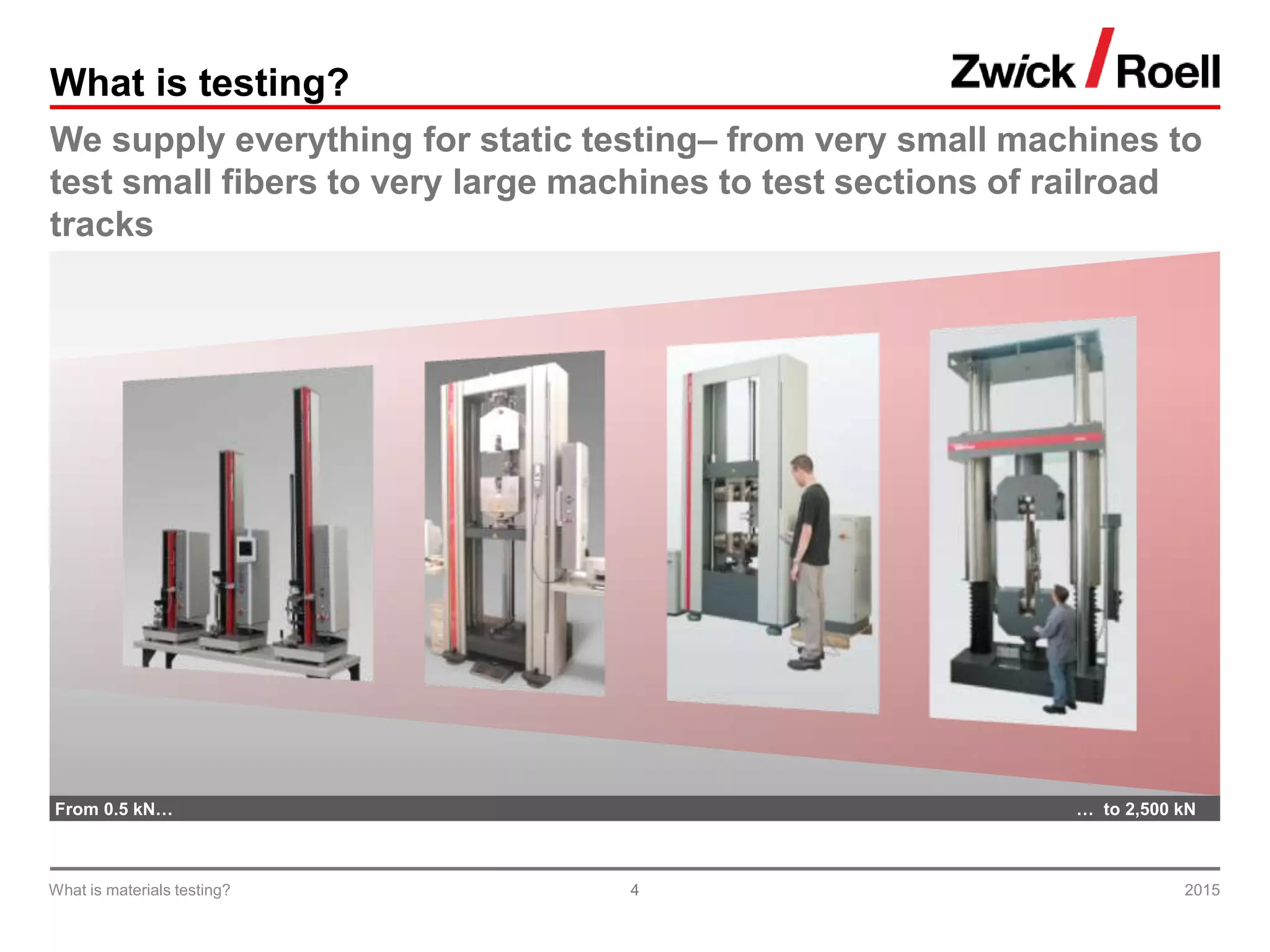 4
What is testing?
We supply everything for static testing– from very small machines to
test small fibers to very large machines to test sections of railroad
tracks
2015What is materials testing?
From 0.5 kN… … to 2,500 kN
 