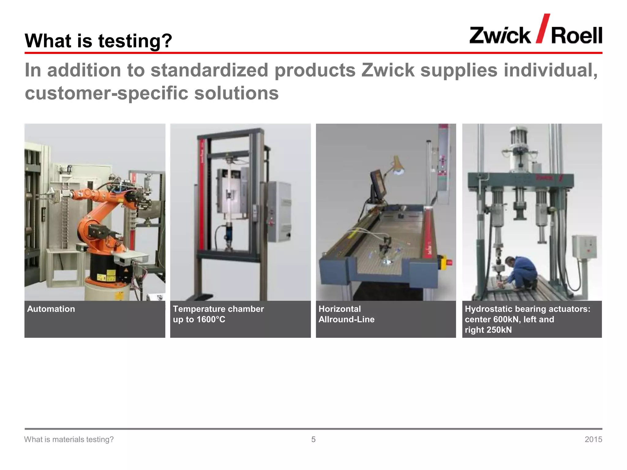 5
What is testing?
In addition to standardized products Zwick supplies individual,
customer-specific solutions
2015What is materials testing?
Horizontal
Allround-Line
Temperature chamber
up to 1600°C
Automation Hydrostatic bearing actuators:
center 600kN, left and
right 250kN
 