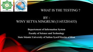 WHAT IS THE TESTING ?
BY :
WINY SETYA NINGRUM (11453201653)
Departement of Information System
Faculty of Science and Technology
State Islamic University of Sultan Syarif Kasim of Riau
 