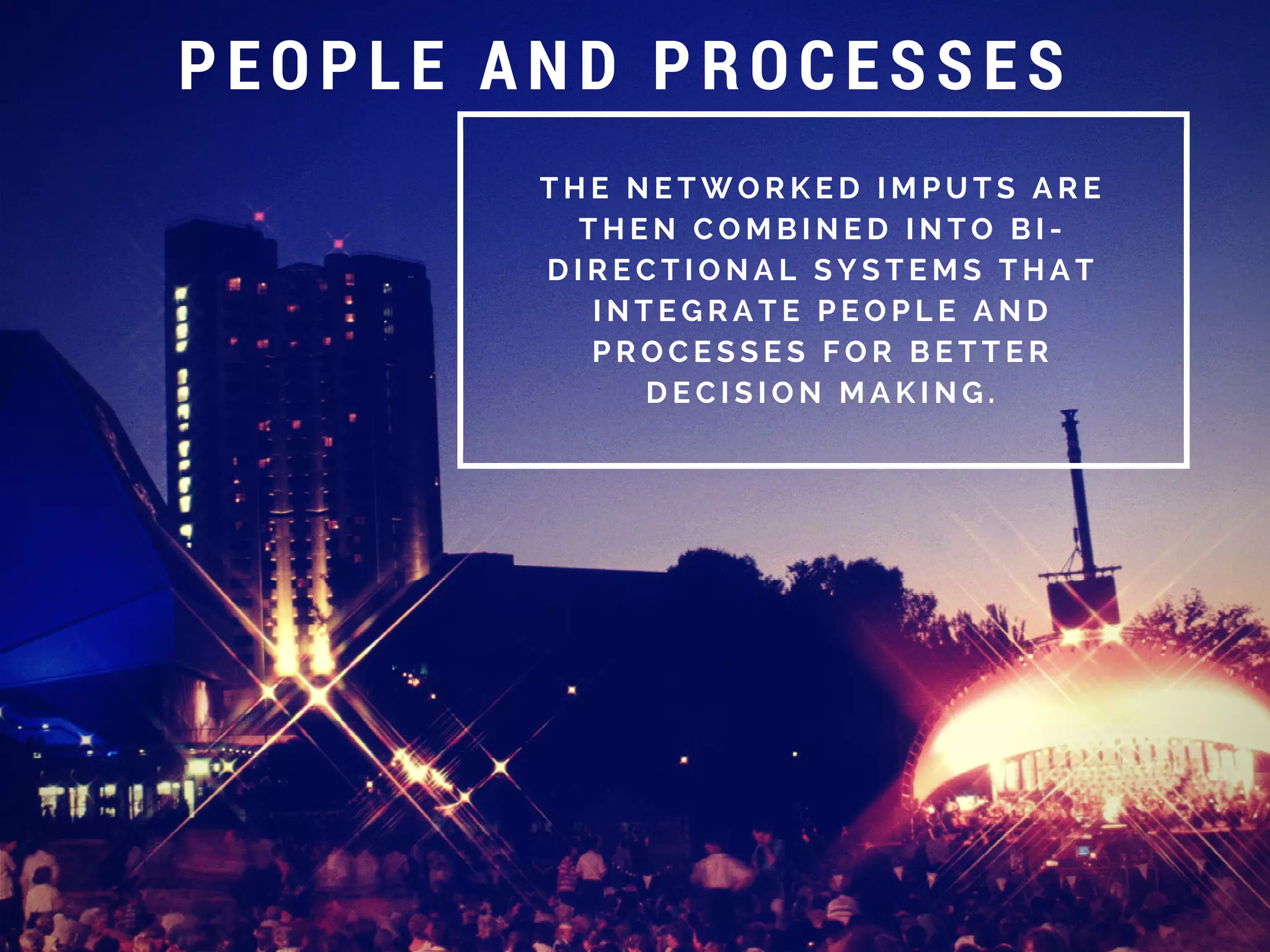 T H E N E T W O R K E D I M P U T S A R E
T H E N C O M B I N E D I N T O B I -
D I R E C T I O N A L S Y S T E M S T H A T
I N T E G R A T E P E O P L E A N D
P R O C E S S E S F O R B E T T E R
D E C I S I O N M A K I N G .
PEOPLE AND PROCESSES
