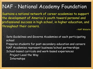 NAF - National Academy Foundation Sustains a national network of career academies to support the development of America's youth toward personal and professional success in high school, in higher education, and throughout their careers. --NAF Website Sets Guidelines and Governs Academies at each participating school Prepares students for post-secondary education and careers  NAF Academies represent business/school partnerships School-based curricula and work-based experiences Project Lead the Way Internships 