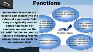 Functions
Information functions are
used to gain insight into the
values of a particular field.
They are typically used to
derive flag fields. For
example, you can use the
@BLANK function to create a
flag field indicating records
whose values are blank for
the selected field.
 