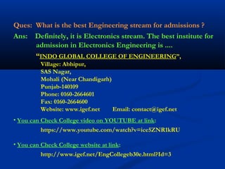 Ques: What is the best Engineering stream for admissions ?
Ans: Definitely, it is Electronics stream. The best institute for
admission in Electronics Engineering is ....
“INDO GLOBAL COLLEGE OF ENGINEERING”,
Village: Abhipur,
SAS Nagar,
Mohali (Near Chandigarh)
Punjab-140109
Phone: 0160-2664601
Fax: 0160-2664600
Website: www.igef.net Email: contact@igef.net
• You can Check College video on YOUTUBE at link:
https://www.youtube.com/watch?v=ice5ZNR1kRU
• You can Check College website at link:
http://www.igef.net/EngCollegeb30e.html?Id=3
 
