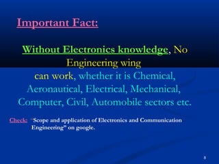 8
Important Fact:
Without Electronics knowledge, No
Engineering wing
can work, whether it is Chemical,
Aeronautical, Electrical, Mechanical,
Computer, Civil, Automobile sectors etc.
Check: “Scope and application of Electronics and Communication
Engineering” on google.
 