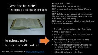 Teachers note:
Topics we will look at
See more Free Lesson Plans at: https://notmanywise.uk
What is the Bible?
The Bible is a collection of books
 