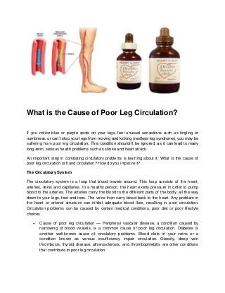 What is the Cause of Poor Leg Circulation?

If you notice blue or purple spots on your legs, feel unusual sensations such as tingling or
numbness, or can’t stop your legs from moving and kicking (restless leg syndrome), you may be
suffering from poor leg circulation. This condition shouldn’t be ignored, as it can lead to many
long-term, serious health problems such as stroke and heart attack.

An important step in combating circulatory problems is learning about it: What is the cause of
poor leg circulation or hand circulation? How do you improve it?

The Circulatory System

The circulatory system is a loop that blood travels around. This loop consists of the heart,
arteries, veins and capillaries. In a healthy person, the heart exerts pressure in order to pump
blood to the arteries. The arteries carry the blood to the different parts of the body, all the way
down to your legs, feet and toes. The veins then carry blood back to the heart. Any problem in
the heart or arterial structure can inhibit adequate blood flow, resulting in poor circulation.
Circulation problems can be caused by certain medical conditions, poor diet or poor lifestyle
choices.

      Cause of poor leg circulation — Peripheral vascular disease, a condition caused by
       narrowing of blood vessels, is a common cause of poor leg circulation. Diabetes is
       another well-known cause of circulatory problems. Blood clots in your veins or a
       condition known as venous insufficiency impair circulation. Obesity, deep vein
       thrombosis, thyroid disease, atherosclerosis, and thrombophlebitis are other conditions
       that contribute to poor leg circulation.
 