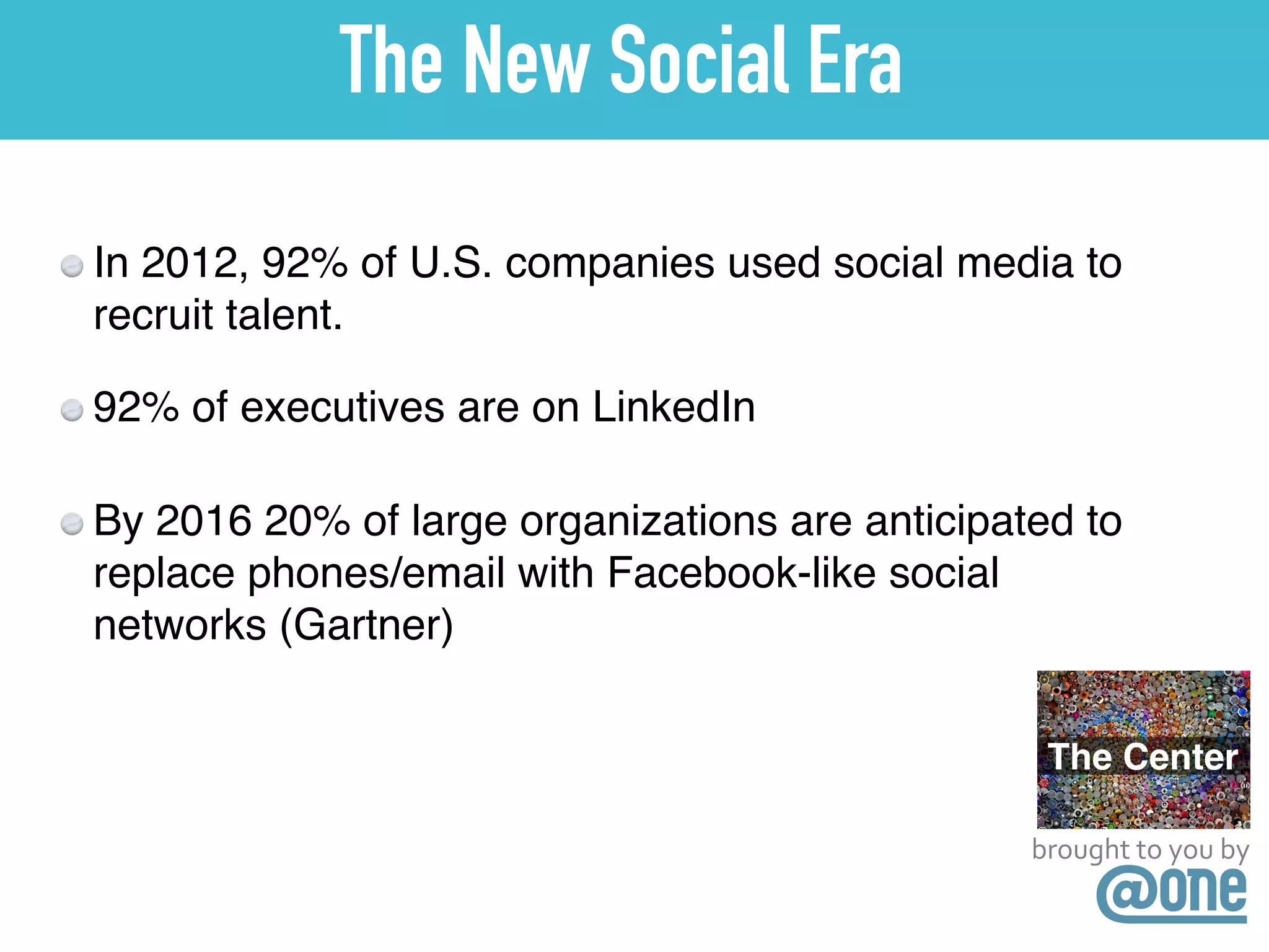 brought	
  to	
  you	
  by
The New Social Era
By 2016 20% of large organizations are anticipated to
replace phones/email with Facebook-like social
networks (Gartner)
92% of executives are on LinkedIn
In 2012, 92% of U.S. companies used social media to
recruit talent.
 