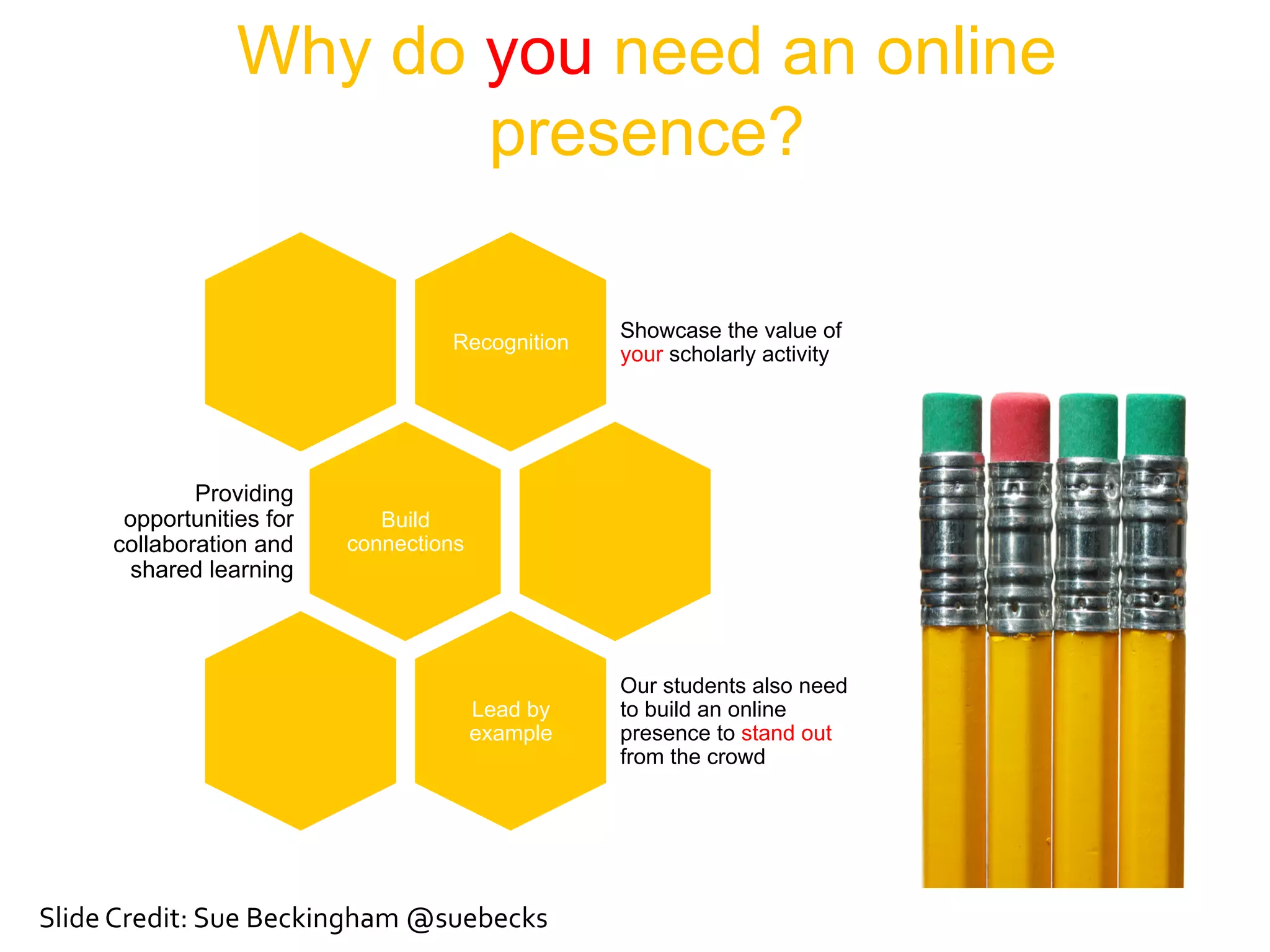 Why do you need an online
presence?
Recognition
Showcase the value of
your scholarly activity
Build
connections
Providing
opportunities for
collaboration and
shared learning
Lead by
example
Our students also need
to build an online
presence to stand out
from the crowd
Slide	
  Credit:	
  Sue	
  Beckingham	
  @suebecks
 