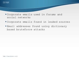 SPAM
WWW.CYBERGATES.ORG
 Corporate emails used in forums and
social networks
 Corporate emails found in leaked sources
 Email addresses found using dictionary
based bruteforce attacks
 