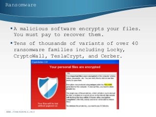 Ransomware
WWW.CYBERGATES.ORG
 A malicious software encrypts your files.
You must pay to recover them.
 Tens of thousands of variants of over 40
ransomware families including Locky,
CryptoWall, TeslaCrypt, and Cerber.
 