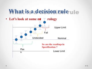 What is a decision rule
Nominal
So are the readings in
Specification ?
Lower Limit
16
Pas
s
Undecided
• Let’s look at some met rology
Upper Limit
Fail
 