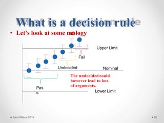 What is a decision rule
Nominal
The undecided could
however lead to lots
of arguments.
Lower Limit
John Wilson 2016 18
Pas
s
• Let’s look at some meetology
Upper Limit
Fail
Undecided
 