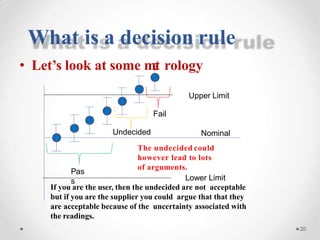 What is a decision rule
Nominal
The undecided could
however lead to lots
of arguments.
Lower Limit
20
Pas
s
• Let’s look at some met rology
Upper Limit
Fail
Undecided
If you are the user, then the undecided are not acceptable
but if you are the supplier you could argue that that they
are acceptable because of the uncertainty associated with
the readings.
 