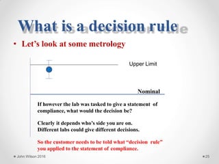 • Let’s look at some metrology
Upper Limit
Nominal
If however the lab was tasked to give a statement of
compliance, what would the decision be?
Clearly it depends who’s side you are on.
Different labs could give different decisions.
So the customer needs to be told what “decision rule”
you applied to the statement of compliance.
John Wilson 2016 25
What is a decision rule
 