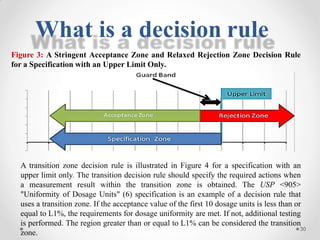 What is a decision rule
Figure 3: A Stringent Acceptance Zone and Relaxed Rejection Zone Decision Rule
for a Specification with an Upper Limit Only.
A transition zone decision rule is illustrated in Figure 4 for a specification with an
upper limit only. The transition decision rule should specify the required actions when
a measurement result within the transition zone is obtained. The USP <905>
"Uniformity of Dosage Units" (6) specification is an example of a decision rule that
uses a transition zone. If the acceptance value of the first 10 dosage units is less than or
equal to L1%, the requirements for dosage uniformity are met. If not, additional testing
is performed. The region greater than or equal to L1% can be considered the transition
zone.
30
 