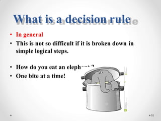• In general
• This is not so difficult if it is broken down in
simple logical steps.
• How do you eat an elephant ?
• One bite at a time!
55
What is a decision rule
 