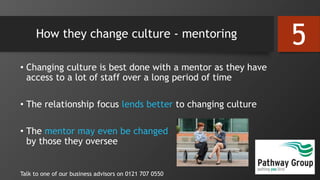 How they change culture - mentoring
• Changing culture is best done with a mentor as they have
access to a lot of staff over a long period of time
• The relationship focus lends better to changing culture
• The mentor may even be changed
by those they oversee
Talk to one of our business advisors on 0121 707 0550
5
 