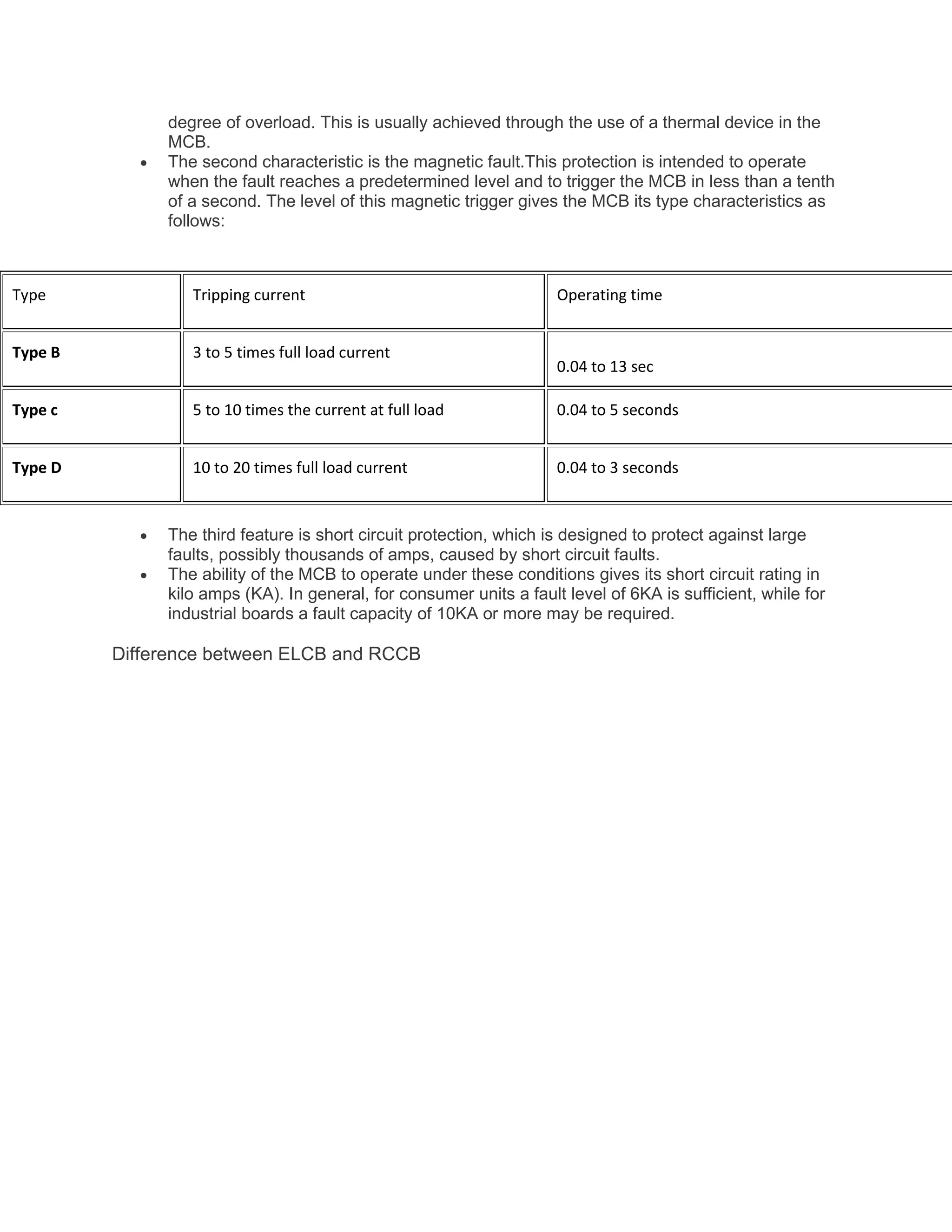 degree of overload. This is usually achieved through the use of a thermal device in the
MCB.
• The second characteristic is the magnetic fault.This protection is intended to operate
when the fault reaches a predetermined level and to trigger the MCB in less than a tenth
of a second. The level of this magnetic trigger gives the MCB its type characteristics as
follows:
• The third feature is short circuit protection, which is designed to protect against large
faults, possibly thousands of amps, caused by short circuit faults.
• The ability of the MCB to operate under these conditions gives its short circuit rating in
kilo amps (KA). In general, for consumer units a fault level of 6KA is sufficient, while for
industrial boards a fault capacity of 10KA or more may be required.
Difference between ELCB and RCCB
Type Tripping current Operating time
Type B 3 to 5 times full load current
0.04 to 13 sec
Type c 5 to 10 times the current at full load 0.04 to 5 seconds
Type D 10 to 20 times full load current 0.04 to 3 seconds
 