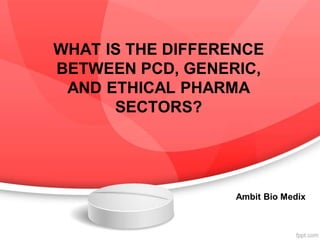 WHAT IS THE DIFFERENCE
BETWEEN PCD, GENERIC,
AND ETHICAL PHARMA
SECTORS?
Ambit Bio Medix
 