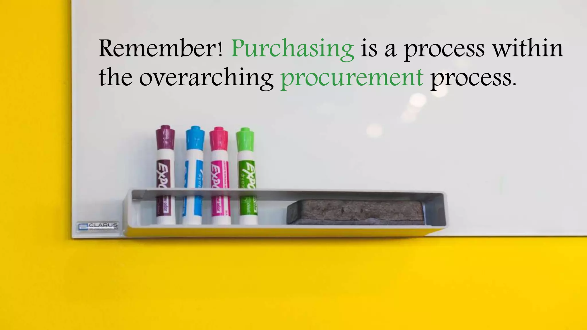 Remember! Purchasing is a process within
the overarching procurement process.
 