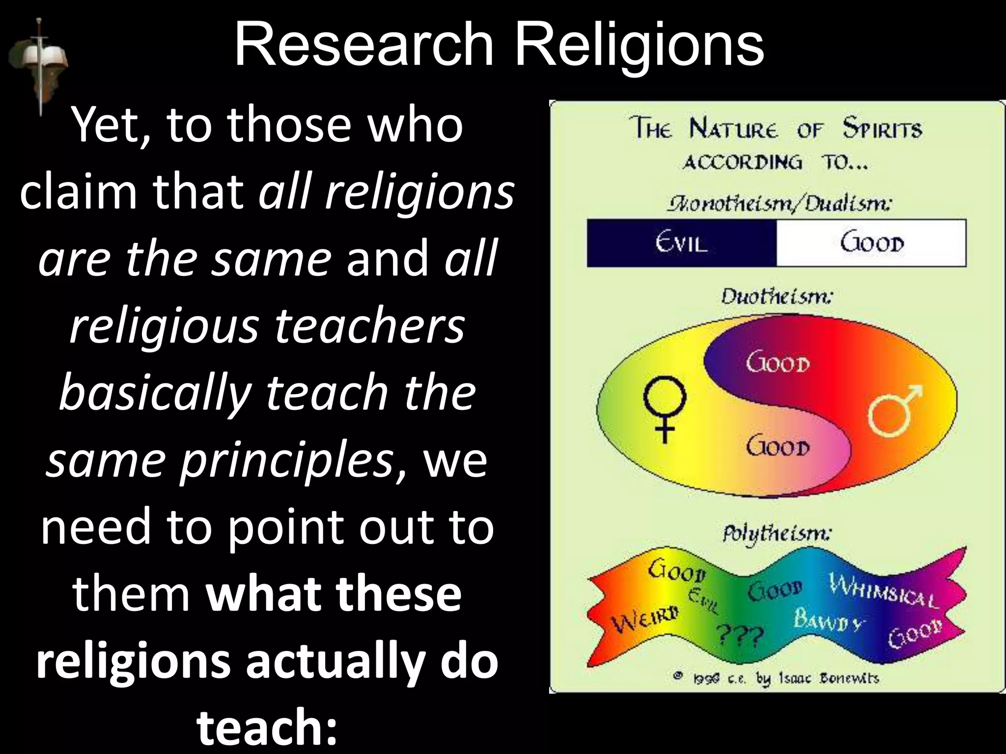 Research Religions
Yet, to those who
claim that all religions
are the same and all
religious teachers
basically teach the
same principles, we
need to point out to
them what these
religions actually do
teach:
 