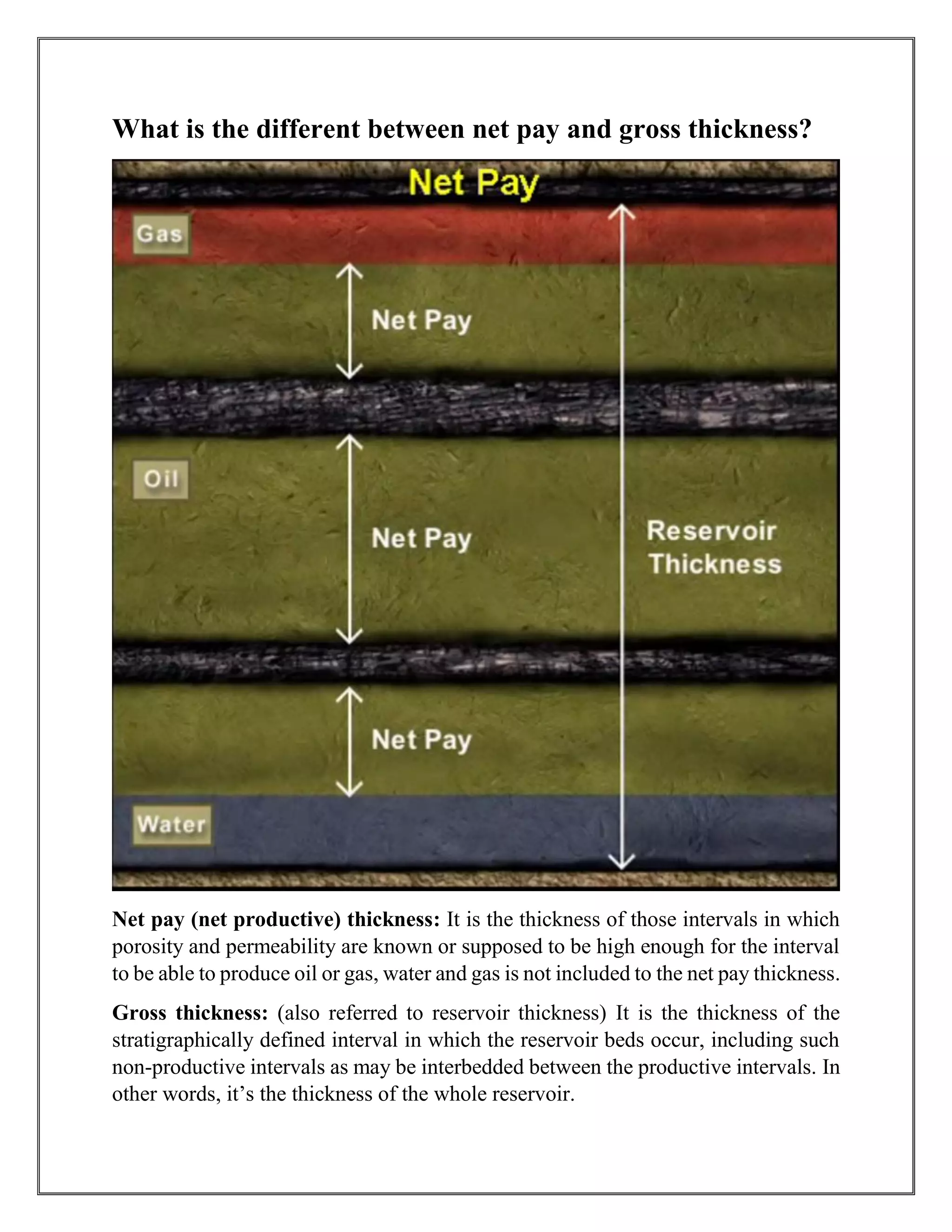 What is the different between net pay and gross thickness?
Net pay (net productive) thickness: It is the thickness of those intervals in which
porosity and permeability are known or supposed to be high enough for the interval
to be able to produce oil or gas, water and gas is not included to the net pay thickness.
Gross thickness: (also referred to reservoir thickness) It is the thickness of the
stratigraphically defined interval in which the reservoir beds occur, including such
non-productive intervals as may be interbedded between the productive intervals. In
other words, it’s the thickness of the whole reservoir.