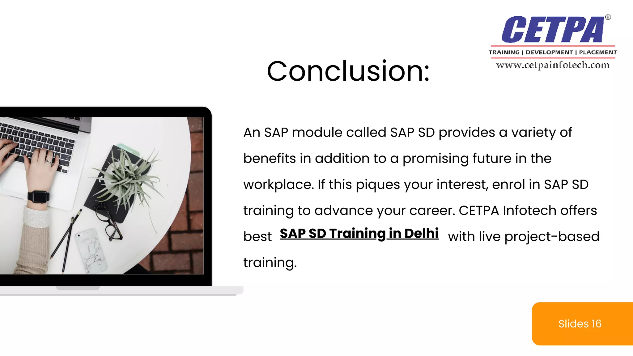 An SAP module called SAP SD provides a variety of
benefits in addition to a promising future in the
workplace. If this piques your interest, enrol in SAP SD
training to advance your career. CETPA Infotech offers
best with live project-based
training.
Slides 16
Conclusion:
SAP SD Training in Delhi
 