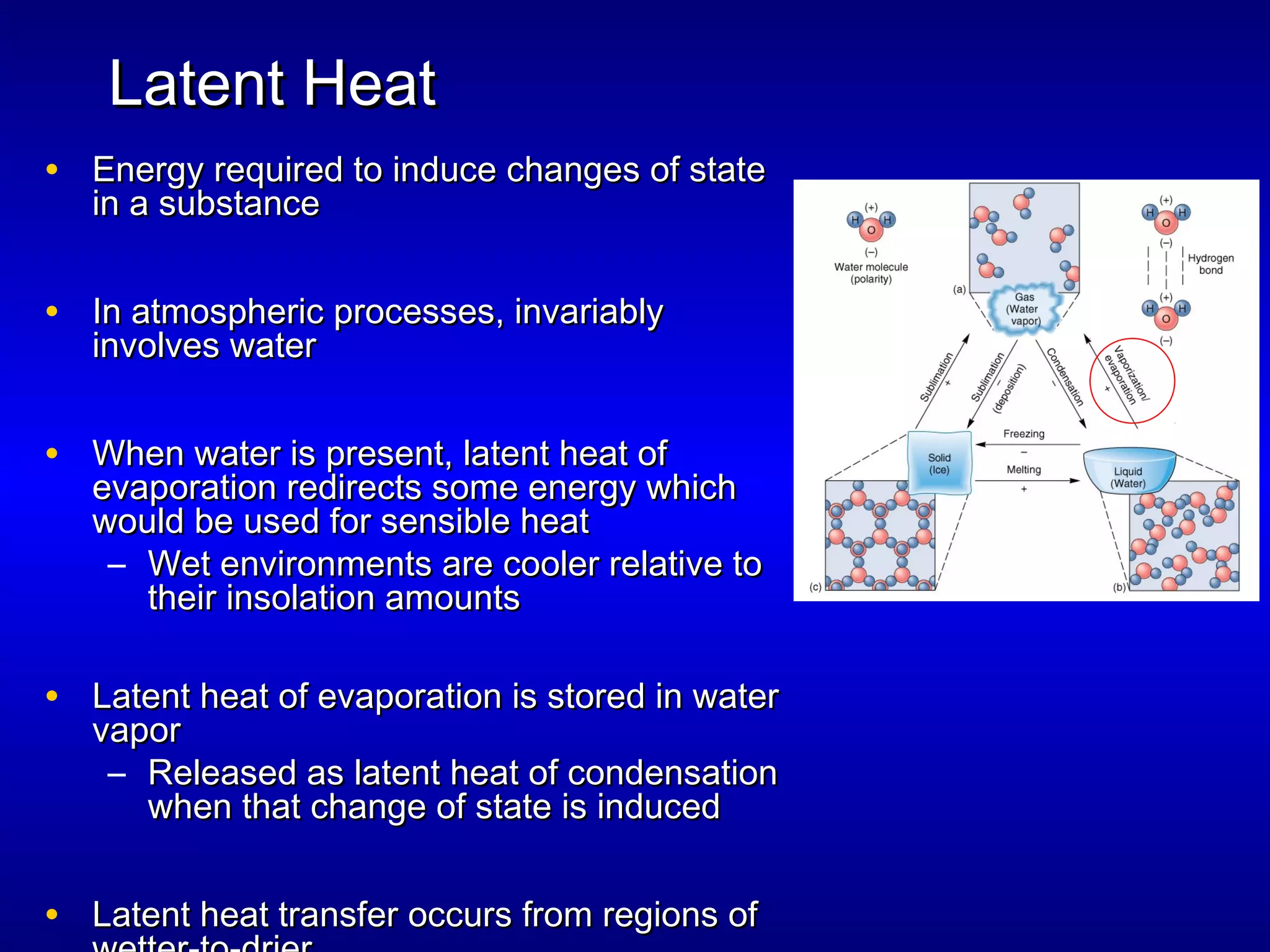 Latent HeatLatent Heat
• Energy required to induce changes of stateEnergy required to induce changes of state
in a substancein a substance
• In atmospheric processes, invariablyIn atmospheric processes, invariably
involves waterinvolves water
• When water is present, latent heat ofWhen water is present, latent heat of
evaporation redirects some energy whichevaporation redirects some energy which
would be used for sensible heatwould be used for sensible heat
– Wet environments are cooler relative toWet environments are cooler relative to
their insolation amountstheir insolation amounts
• Latent heat of evaporation is stored in waterLatent heat of evaporation is stored in water
vaporvapor
– Released as latent heat of condensationReleased as latent heat of condensation
when that change of state is inducedwhen that change of state is induced
• Latent heat transfer occurs from regions ofLatent heat transfer occurs from regions of
 