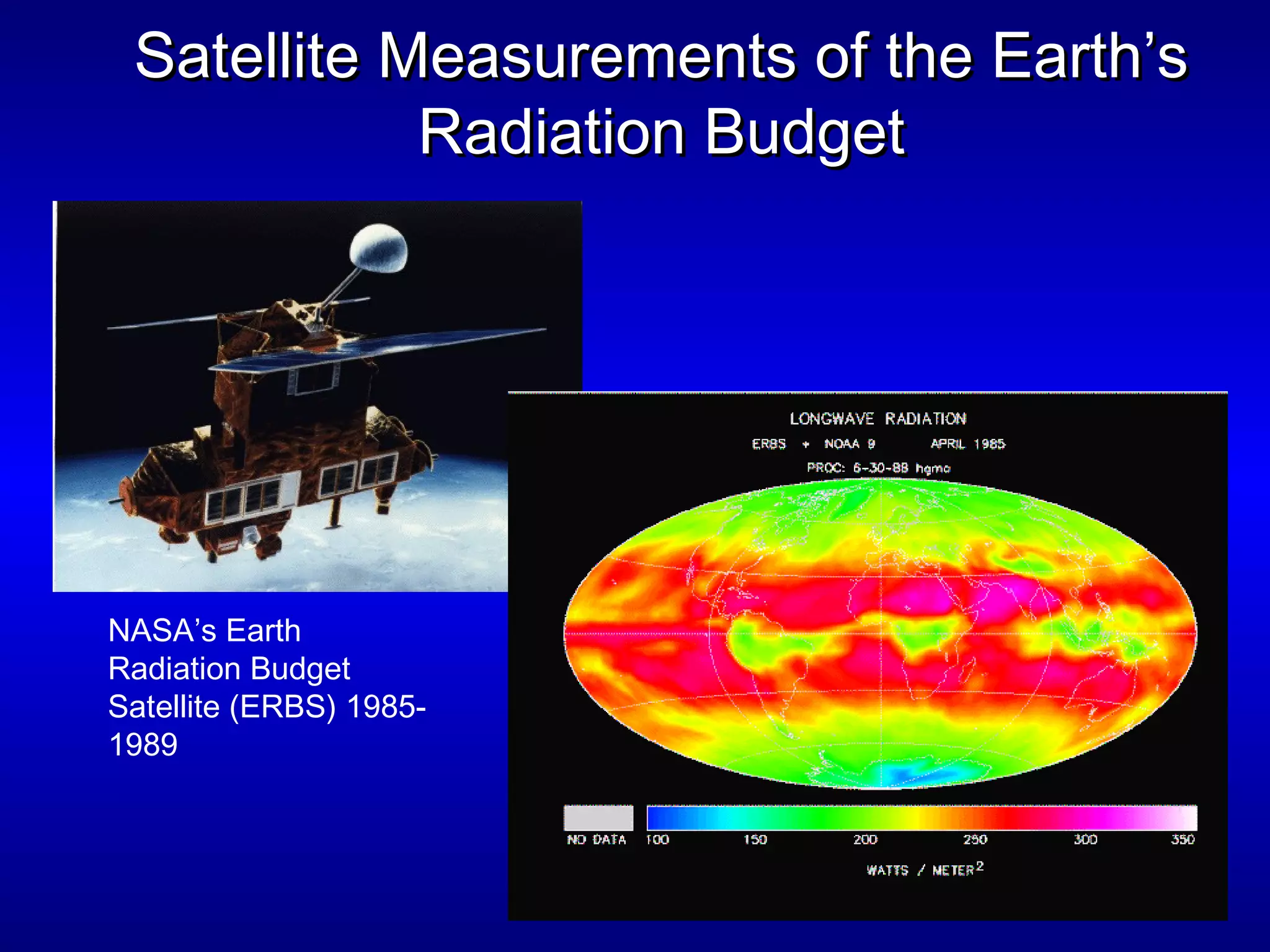 Satellite Measurements of the Earth’sSatellite Measurements of the Earth’s
Radiation BudgetRadiation Budget
NASA’s Earth
Radiation Budget
Satellite (ERBS) 1985-
1989
 