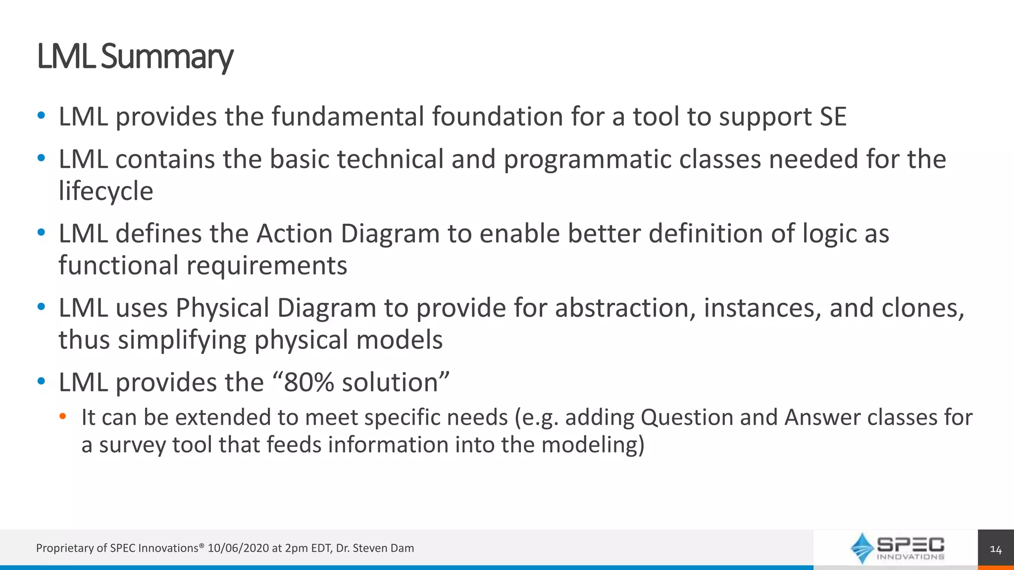 LMLSummary
• LML provides the fundamental foundation for a tool to support SE
• LML contains the basic technical and programmatic classes needed for the
lifecycle
• LML defines the Action Diagram to enable better definition of logic as
functional requirements
• LML uses Physical Diagram to provide for abstraction, instances, and clones,
thus simplifying physical models
• LML provides the “80% solution”
• It can be extended to meet specific needs (e.g. adding Question and Answer classes for
a survey tool that feeds information into the modeling)
Proprietary of SPEC Innovations® 10/06/2020 at 2pm EDT, Dr. Steven Dam 14
 