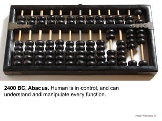 14Photo: Wikimedia
2400 BC, Abacus. Human is in control, and can
understand and manipulate every function.
 