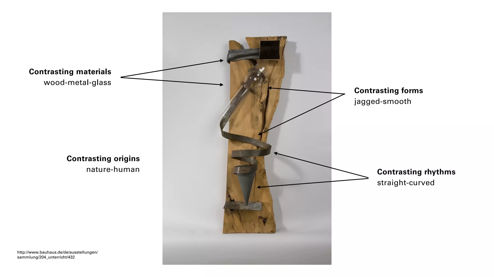 Contrasting materials
wood-metal-glass
Contrasting forms
jagged-smooth
Contrasting origins
nature-human Contrasting rhythms
straight-curved
http://www.bauhaus.de/de/ausstellungen/
sammlung/204_unterricht/432
 