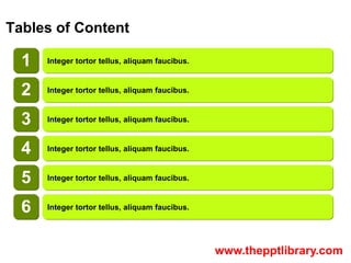Tables of Content

  1   Integer tortor tellus, aliquam faucibus.



  2   Integer tortor tellus, aliquam faucibus.



  3...