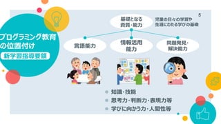 プログラミング教育
の位置付け
5
新学習指導要領
情報活用
能力
言語能力
問題発見・
解決能力
基礎となる
資質・能力
 知識・技能
 思考力・判断力・表現力等
 学びに向かう力・人間性等
児童の日々の学習や
生涯にわたる学びの基礎
 