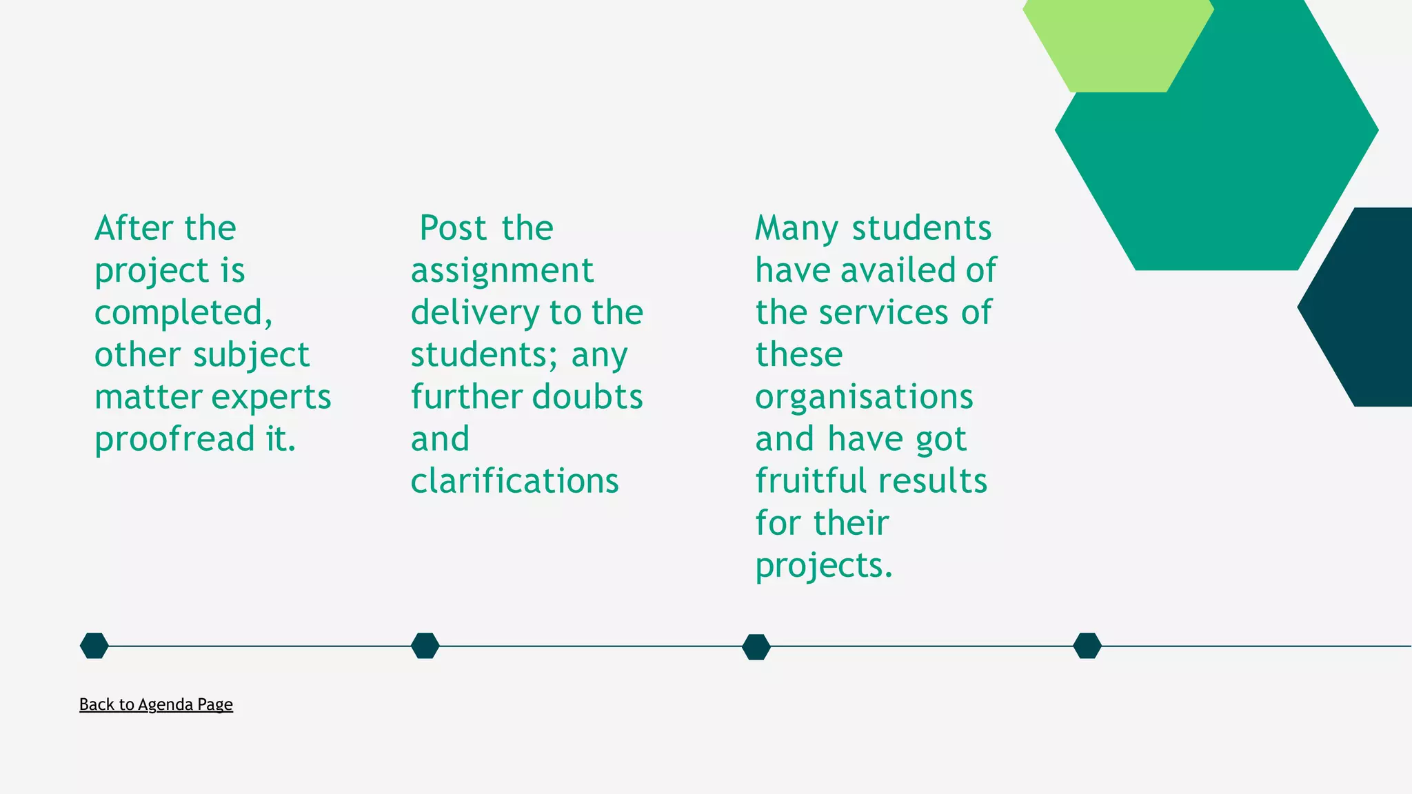 After the
project is
completed,
other subject
matter experts
proofread it.
Post the
assignment
delivery to the
students; any
further doubts
and
clarifications
Many students
have availed of
the services of
these
organisations
and have got
fruitful results
for their
projects.
Back to Agenda Page
 