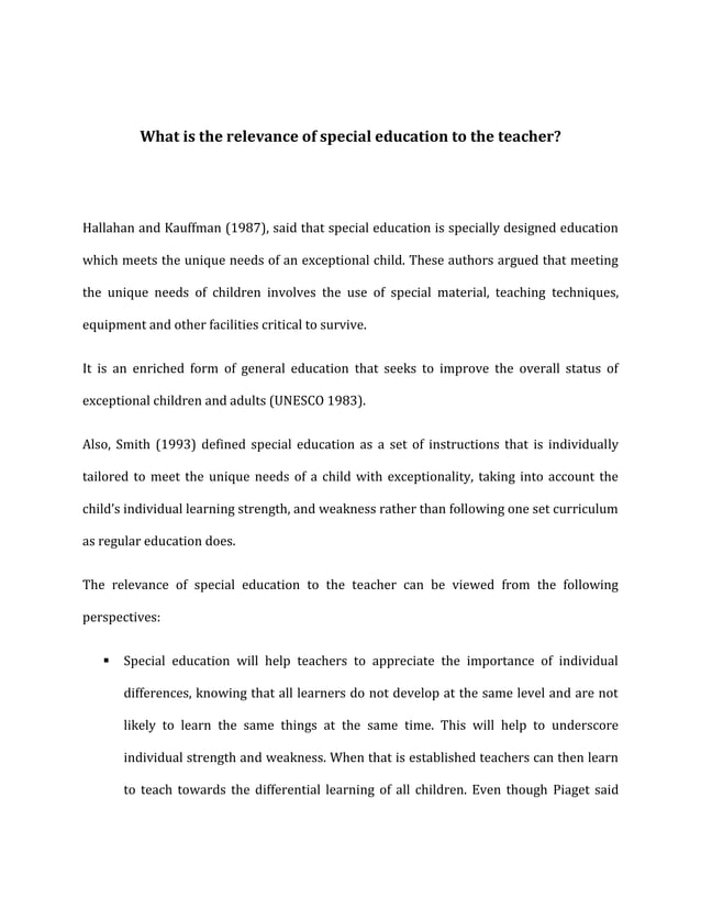 Relevance Of Special Education To The Teacher