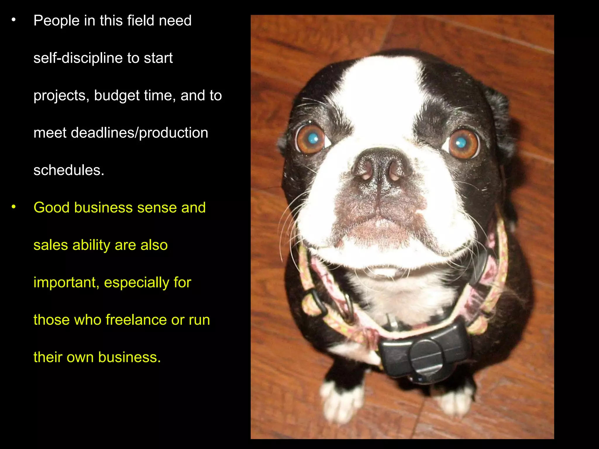 People in this field need self-discipline to start projects, budget time, and to meet deadlines/production schedules.  Good business sense and sales ability are also important, especially for those who freelance or run their own business. 