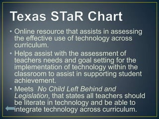 • Online resource that assists in assessing
  the effective use of technology across
  curriculum.
• Helps assist with the assessment of
  teachers needs and goal setting for the
  implementation of technology within the
  classroom to assist in supporting student
  achievement.
• Meets No Child Left Behind and
  Legislation, that states all teachers should
  be literate in technology and be able to
  integrate technology across curriculum.
 