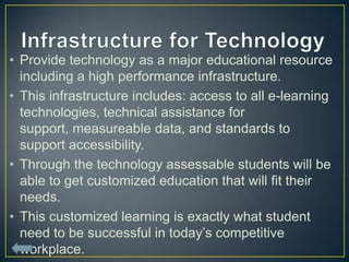 • Provide technology as a major educational resource
  including a high performance infrastructure.
• This infrastructure includes: access to all e-learning
  technologies, technical assistance for
  support, measureable data, and standards to
  support accessibility.
• Through the technology assessable students will be
  able to get customized education that will fit their
  needs.
• This customized learning is exactly what student
  need to be successful in today’s competitive
  workplace.
 