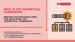 WHAT IS THE THEORETICAL
FRAMEWORK
An Academic presentation by
Dr. Nancy Agens, Head, Technical Operations,Phdassistance
Group www.phdassistance.com
Email: info@phdassistance.com
MENTION THE STRATEGIES USED
FOR DEVELOPING THE
THEORETICAL FRAMEWORK
 