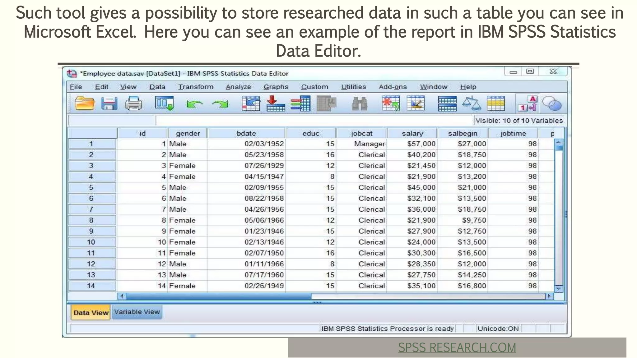 Such tool gives a possibility to store researched data in such a table you can see in
Microsoft Excel. Here you can see an example of the report in IBM SPSS Statistics
Data Editor.
SPSS RESEARCH.COM
 