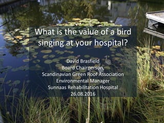What is the value of a bird
singing at your hospital?
David Brasfield
Board Chairperson,
Scandinavian Green Roof Association
Environmental Manager
Sunnaas Rehabilitation Hospital
26.08.2016
 