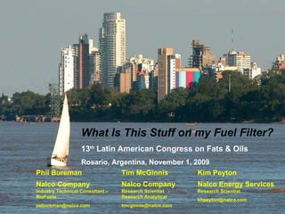 Phil Bureman Nalco Company Industry Technical Consultant – BioFuels [email_address] What Is This Stuff on my Fuel Filter? 13 th  Latin American Congress on Fats & Oils Rosario, Argentina, November 1, 2009 Tim McGinnis Nalco Company Research Scientist  -  Research Analytical [email_address] Kim Peyton Nalco Energy Services Research Scientist [email_address] 