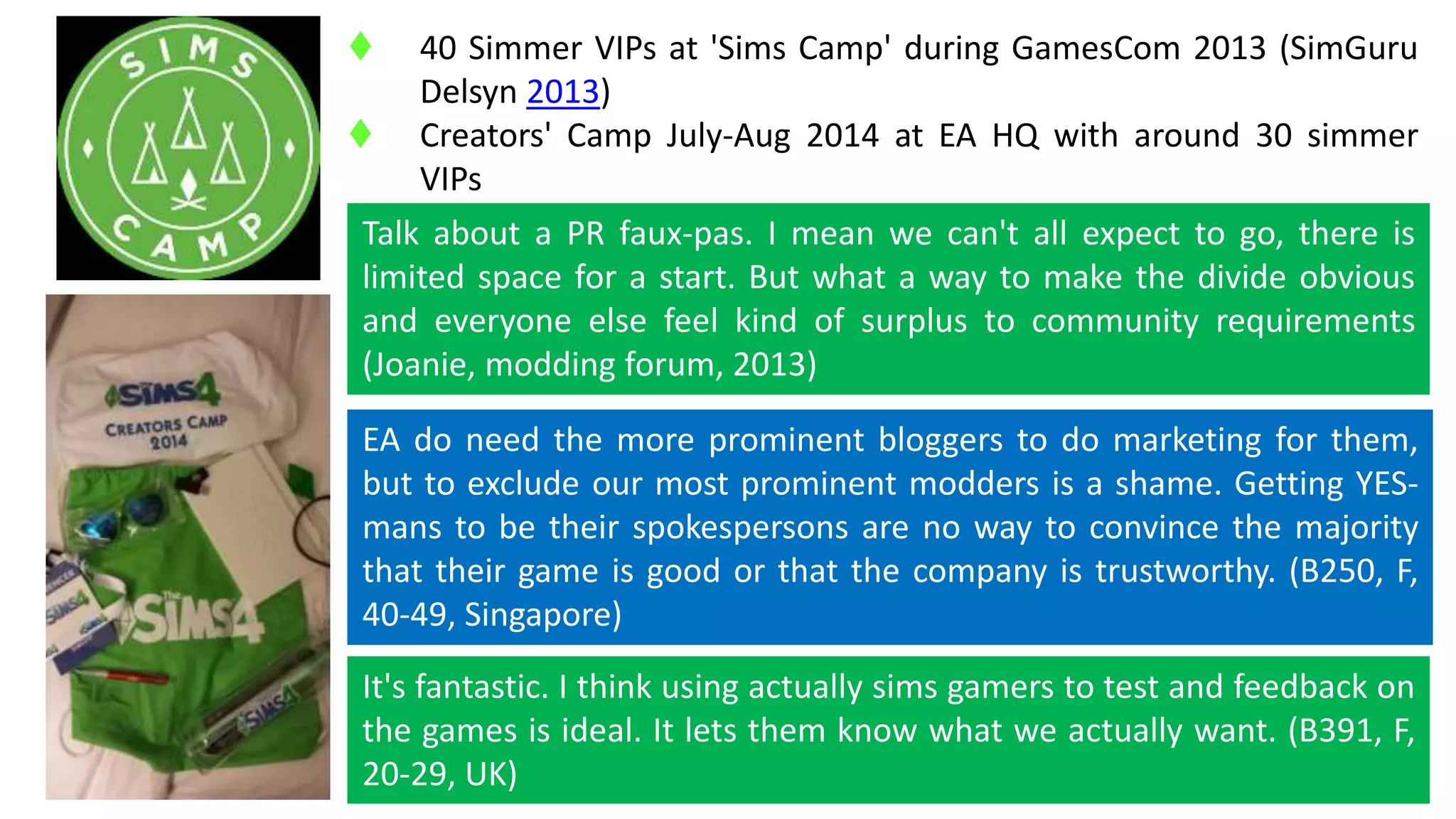  40 Simmer VIPs at 'Sims Camp' during GamesCom 2013 (SimGuru 
Delsyn 2013) 
 Creators' Camp July-Aug 2014 at EA HQ with around 30 simmer 
VIPs 
Talk about a PR faux-pas. I mean we can't all expect to go, there is 
limited space for a start. But what a way to make the divide obvious 
and everyone else feel kind of surplus to community requirements 
(Joanie, modding forum, 2013) 
EA do need the more prominent bloggers to do marketing for them, 
but to exclude our most prominent modders is a shame. Getting YES-mans 
to be their spokespersons are no way to convince the majority 
that their game is good or that the company is trustworthy. (B250, F, 
40-49, Singapore) 
It's fantastic. I think using actually sims gamers to test and feedback on 
the games is ideal. It lets them know what we actually want. (B391, F, 
20-29, UK) 
 