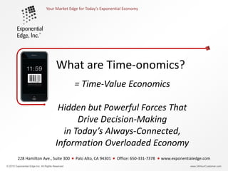 Your Market Edge for Today’s Exponential Economy




                                         What are Time-onomics?
                                                   = Time-Value Economics

                                          Hidden but Powerful Forces That
                                               Drive Decision-Making
                                           in Today’s Always-Connected,
                                         Information Overloaded Economy
         228 Hamilton Ave., Suite 300              Palo Alto, CA 94301   Office: 650-331-7378   www.exponentialedge.com
© 2010 Exponential Edge Inc. All Rights Reserved                                                             www.24HourCustomer.com
 