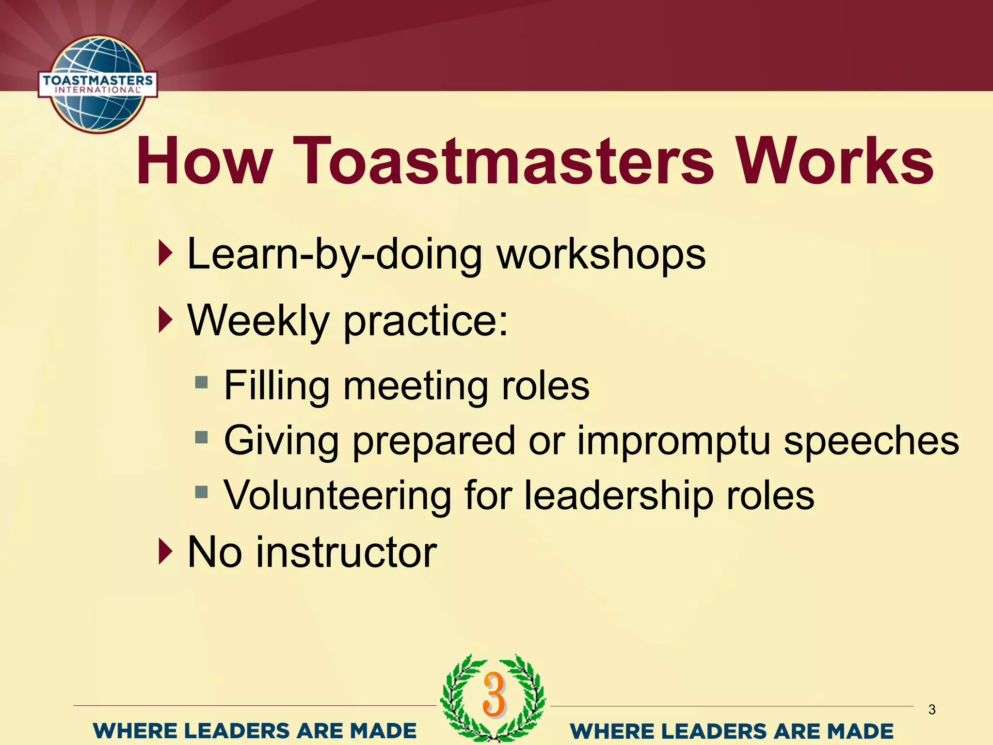Learn-by-doing workshops
Weekly practice:
 Filling meeting roles
 Giving prepared or impromptu speeches
 Volunteering for leadership roles
No instructor
How Toastmasters Works
3
 