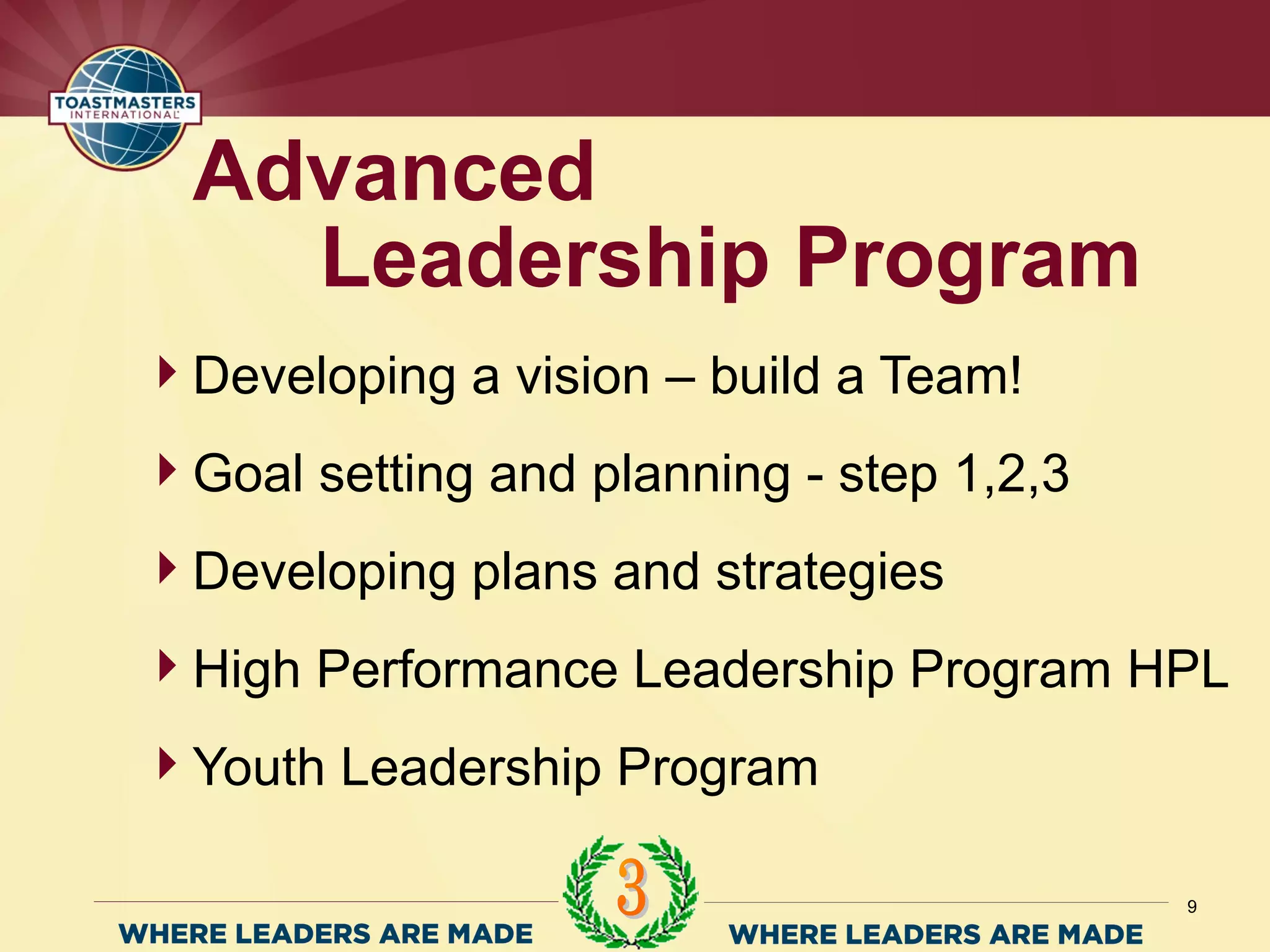 Developing a vision – build a Team!
Goal setting and planning - step 1,2,3
Developing plans and strategies
High Performance Leadership Program HPL
Youth Leadership Program
Advanced
Leadership Program
9
 