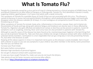 What Is Tomato Flu?
Tomato Flu is basically caused by a virus and as of now it is being termed as a clinical variation of HFMD (Hand, Foot
and Mouth Disease) or an after-effect of Dengue or Chikunguniya. Tomato Flu, first identified in Kerala is mostly
targeting children aged between 1 to 9 years and adults with a weak immunity.
The symptoms of Tomato Flu resemble those of Covid-19 but are not associated with this virus. The disease is
named so because it causes red and painful blisters throughout, which gradually become bigger and eventually
disappear when the disease subsides (8-10 days). It is less contagious as compared to Covid-19 and is non-life
threatening as of now.
Other symptoms of Tomato Flu include: body ache, inflammation in the joints, nausea, fever and irritation etc.
Discoloration of hands and legs along with extreme fatigue and tiredness can also be seen in those affected by
Tomato Flu. Digestion also gets affected and abdominal cramps or diarrhea can be present in patients. Covid-19
symptoms such as coughing, sneezing, fever and runny nose are also prevalent in patients with Tomato Flu.
Although no specific cause of the disease has been found so far, maintaining proper hygiene is the best thing that
you can do to prevent Tomato Flu. Take care that your children do not get in physical contact with other children or
unknown family members. Sanitization is a non-negotiable that can go a long way in not only preventing Tomato
Flu, but other viral diseases as well.
Keeping all the above aspects in mind, it is important not to panic as this disease is easily treatable. Get in touch
with a doctor as soon as you see any symptoms in your child or any other member in the family. Some prevention
tips that you can follow are:
Increase your fluid intake
Boil water before consumption
Maintain high standards of personal hygiene
Do not get in physical contact with suspected cases
In case you have caught Tomato Flu, make sure you do not touch the blisters
Take plenty of rest for faster recovery and minimal after-effects
Also Read:-https://healinghospital.co.in/what-is-tomato-flu/
 