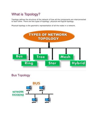 What is Topology?
Topology defines the structure of the network of how all the components are interconnected
to each other. There are two types of topology: physical and logical topology.
Physical topology is the geometric representation of all the nodes in a network.
Bus Topology
 